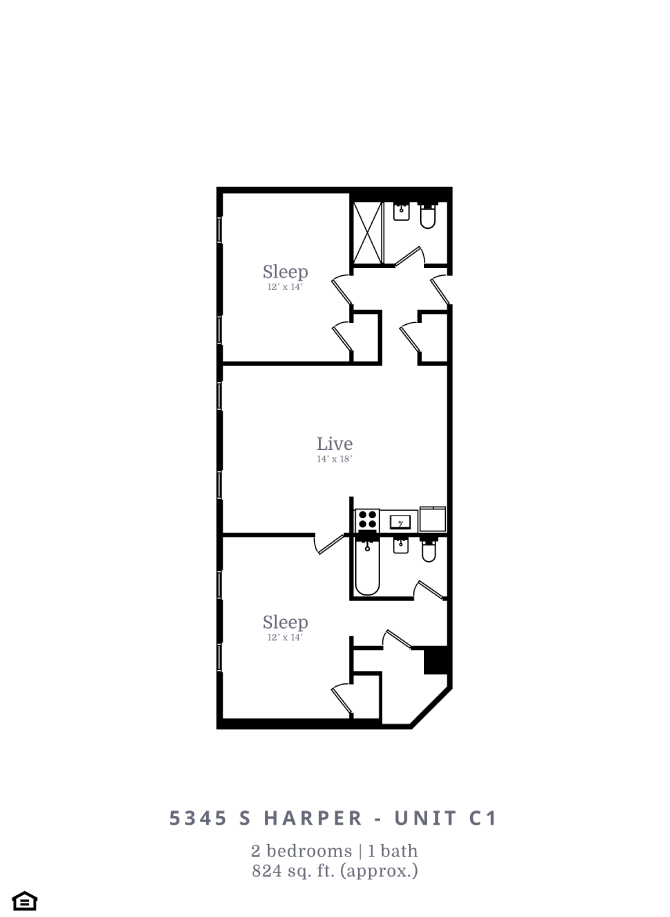 Floor plan for 2 beds, 1 bath, 824 sqft